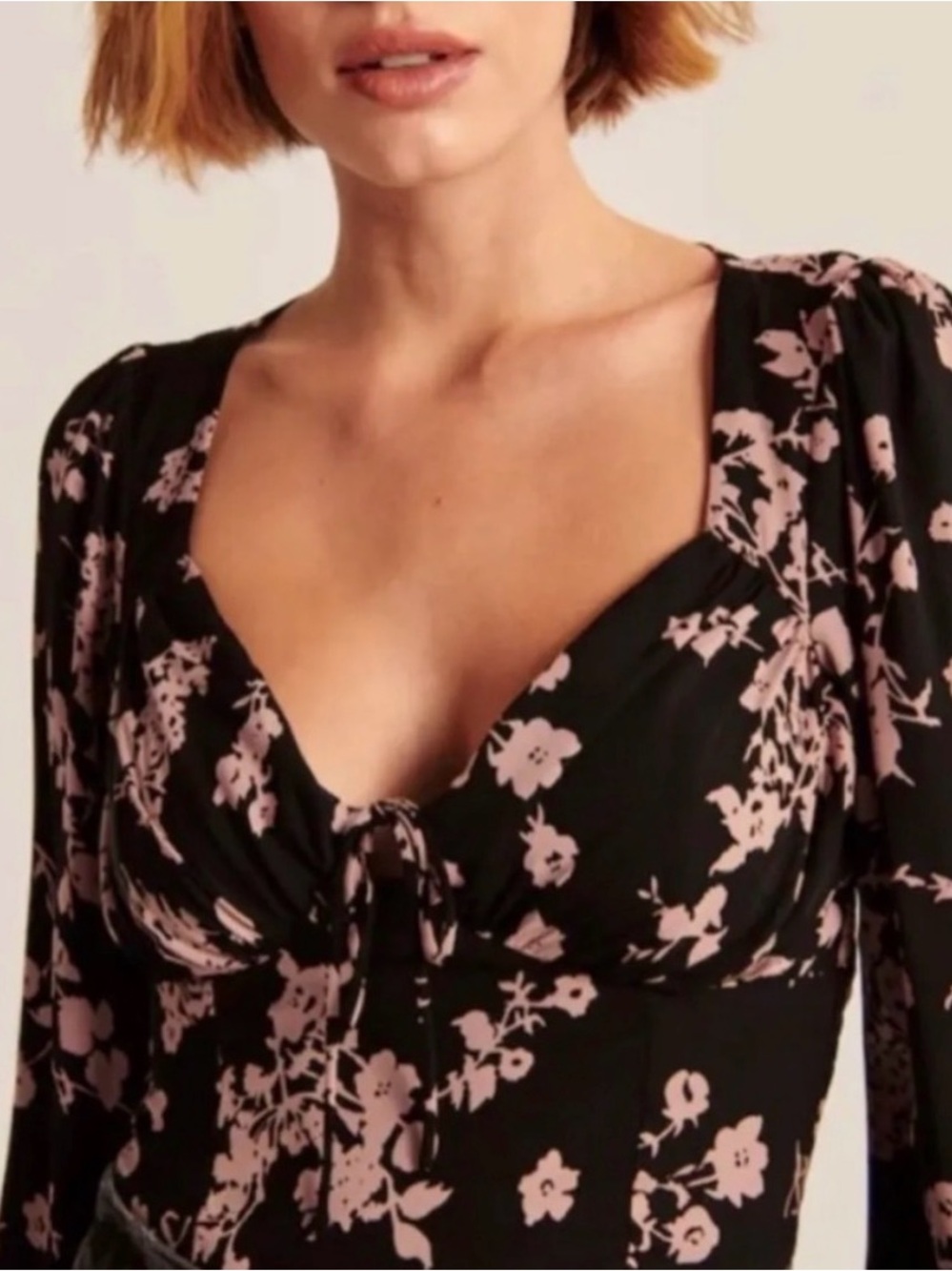 Abercrombie & Fitch Black Floral Tie-Front Square Neck Blouse